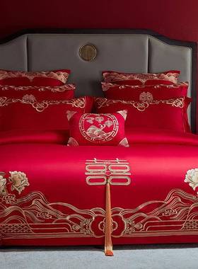 结棉套婚四件套全床单被罩红色中式长绒陪嫁喜被DW-91005棉件婚庆