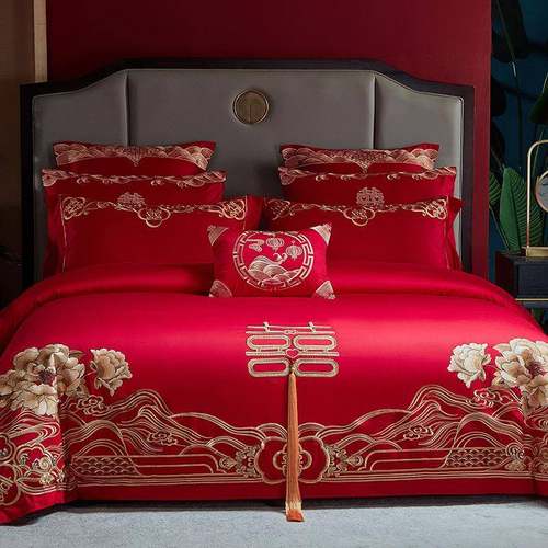 结棉套婚四件套全床单被罩红色中式长绒陪嫁喜被DW-91005棉件婚庆