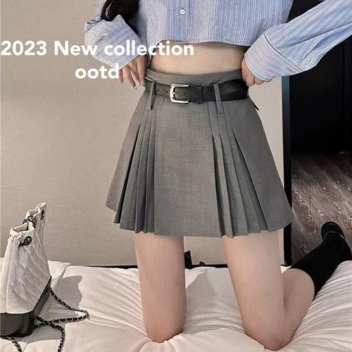 花铃太太学院风制服灰色百褶短裙半身裙a字半裙女春季小个子穿搭