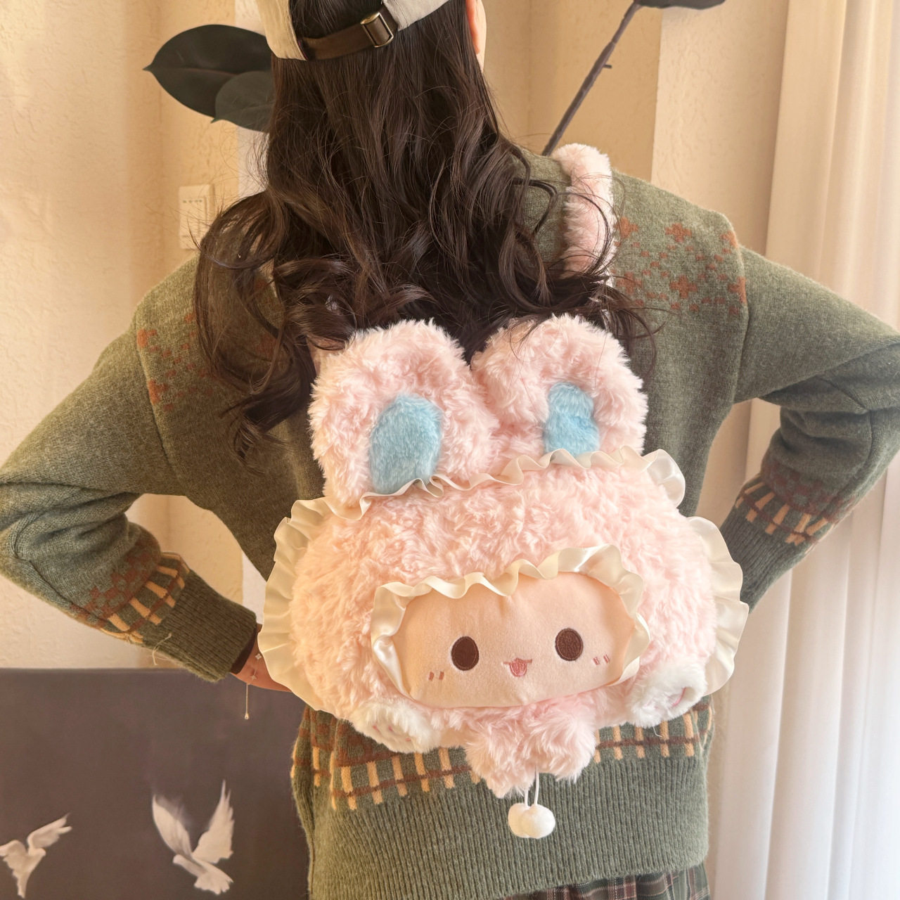 卡通毛绒粉色兔子大脸背包可爱蕾丝少女心jk萝莉塔大头甜妹双肩包