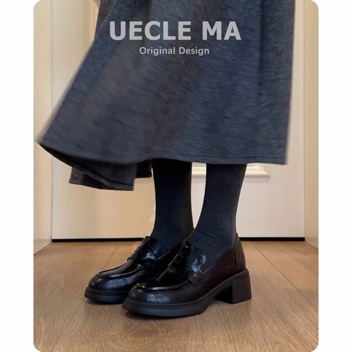 自然卷英伦乐福鞋女真皮方跟单鞋一脚蹬小皮鞋平底复古JK黑色鞋子