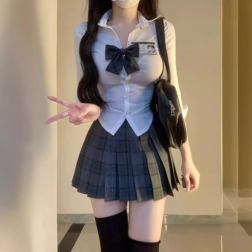 纯欲辣妹jk制服收腰白色短袖衬衫女夏季学院风修身衬衣百褶裙套装