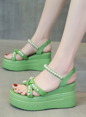 2023夏季新款9cm内增高凉鞋厚底坡跟凉鞋女百搭高跟松糕休闲凉鞋