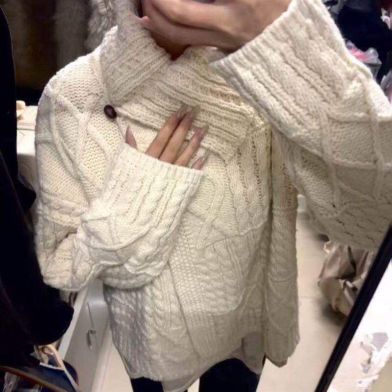 设计感!慵懒风立体麻花翻领毛衣女冬季新款韩版宽松针织衫上衣潮