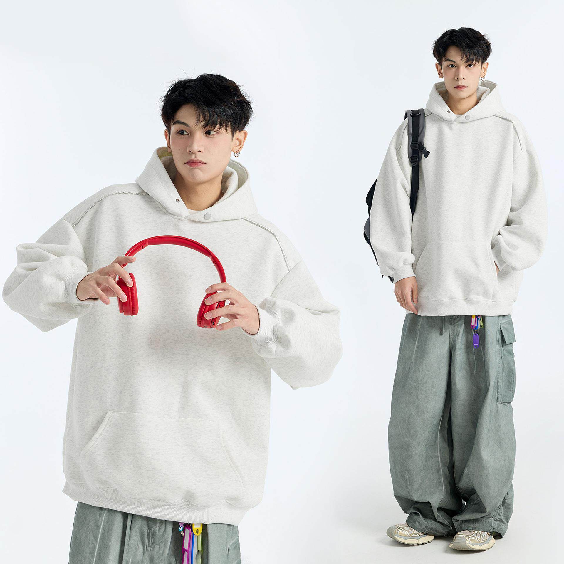 秋冬加绒加厚卫衣男纯色重磅连帽拉链设计长袖青少年外套休闲上衣