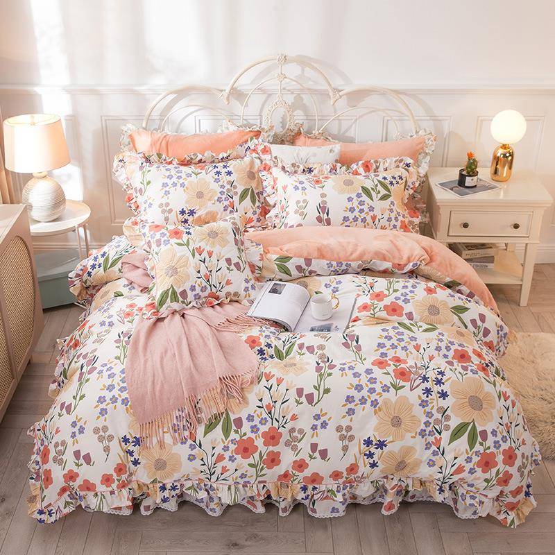 冬季珊瑚绒四件套棉加绒AB面床单被套纯棉水晶绒田园公主风三件套