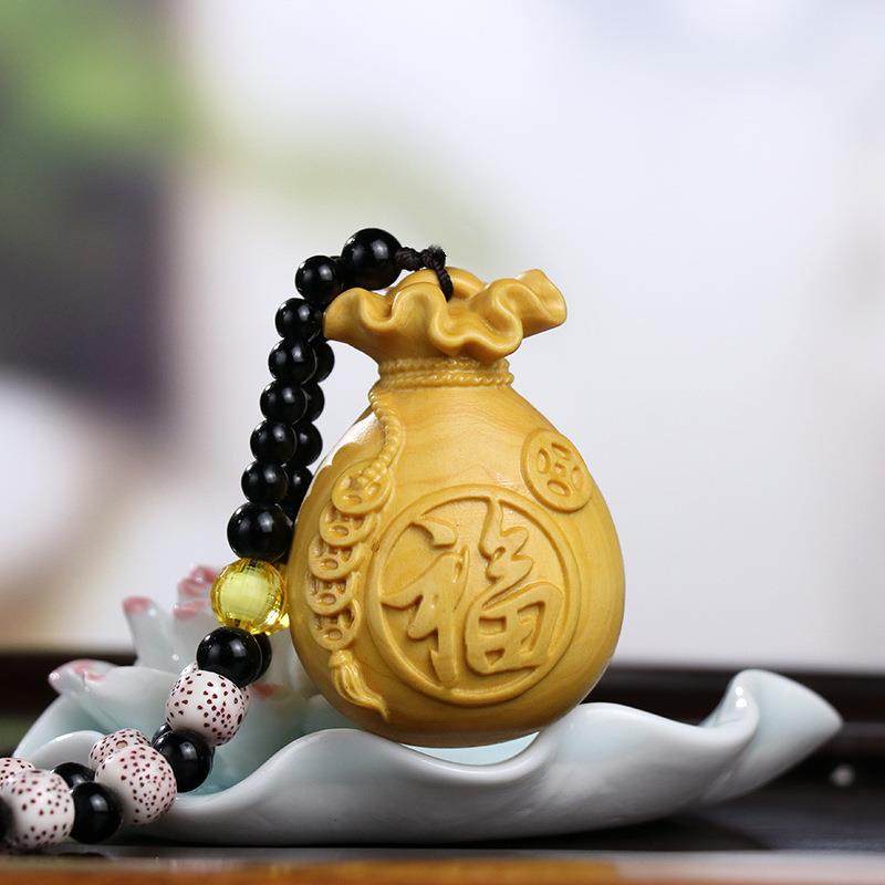 黄杨木雕财福袋木质雕刻盘玩文玩手把件车载挂件摆件家居装饰品