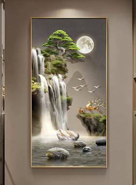 流水生财轻奢高端玄关画入户门装饰画新中式山水风景LED带灯壁画