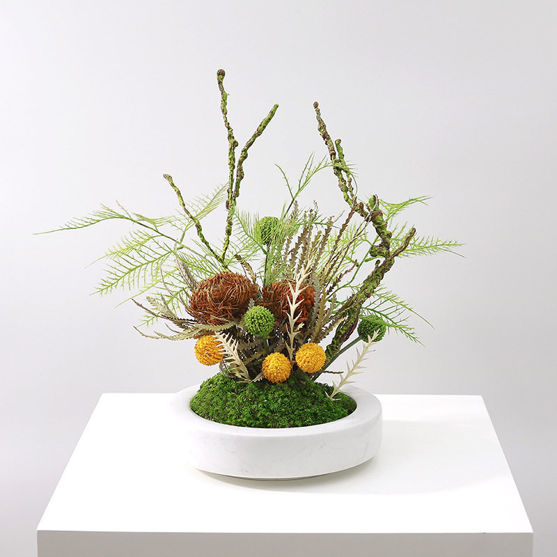 现代新中式大理石永生苔藓绿植饰品售楼处洽谈桌花艺酒店软装摆件