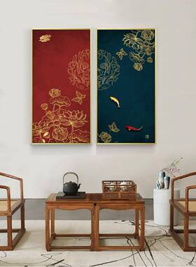 新中式玄关红色装饰画现代客厅餐厅墙壁画两联竖幅拼接个性挂饰画