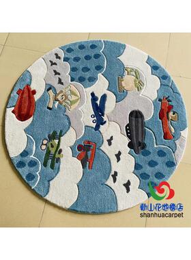 现代简约地中海蓝色圆形卡通飞机儿童房间书桌椅子地毯卧室门口垫