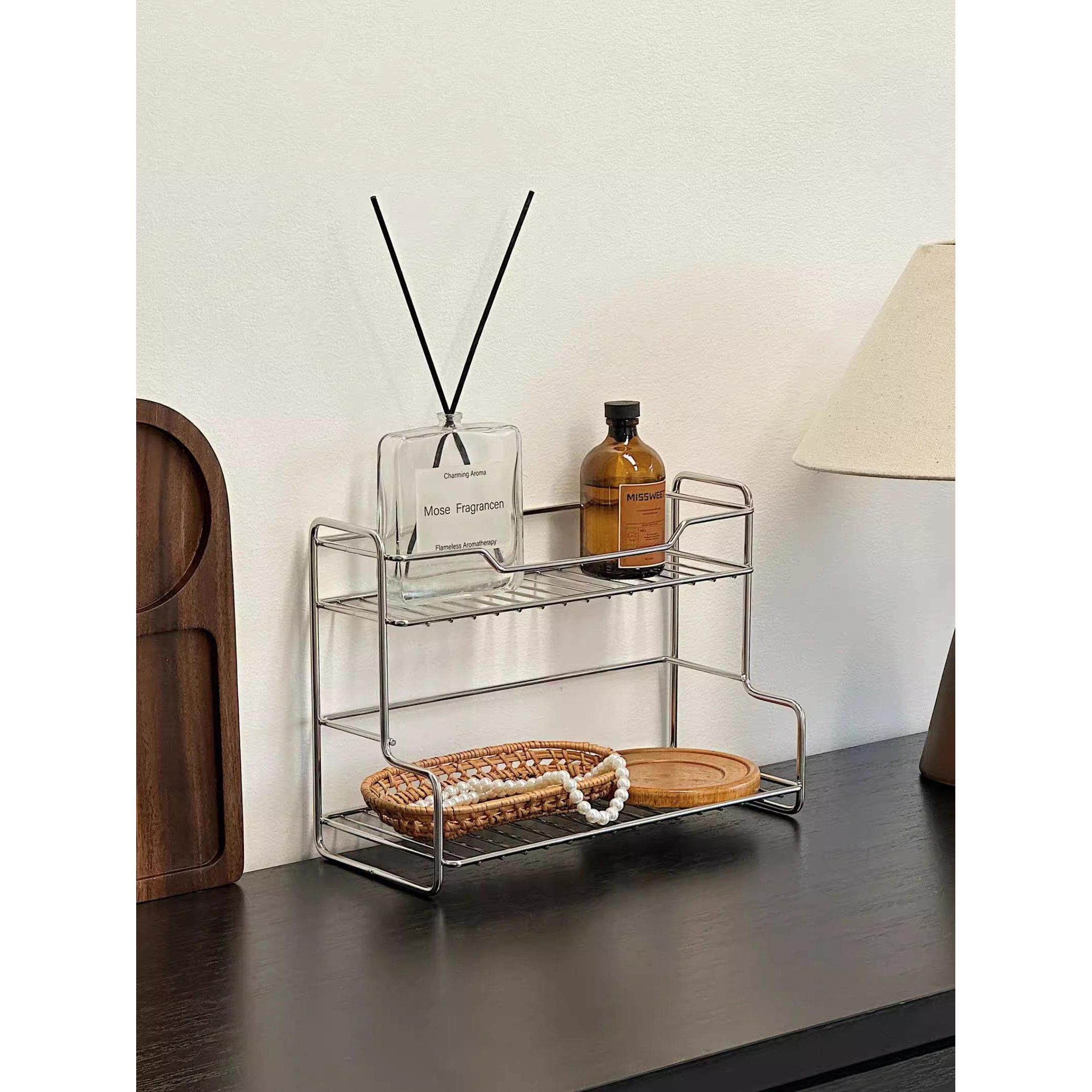 不锈钢桌面储物架双层护肤品香水杯杂物柜浴室化妆品储物架