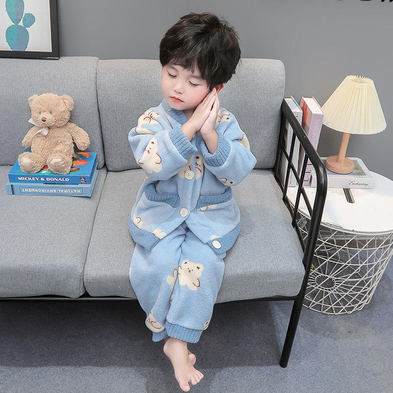 睡衣春秋2025新款男宝立领长袖套装法兰绒秋冬男童家居服