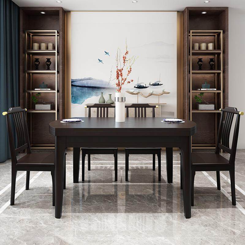 伸新中式餐桌6实木方桌可缩实木桌椅圆桌简餐约中式餐桌椅组jyjj6