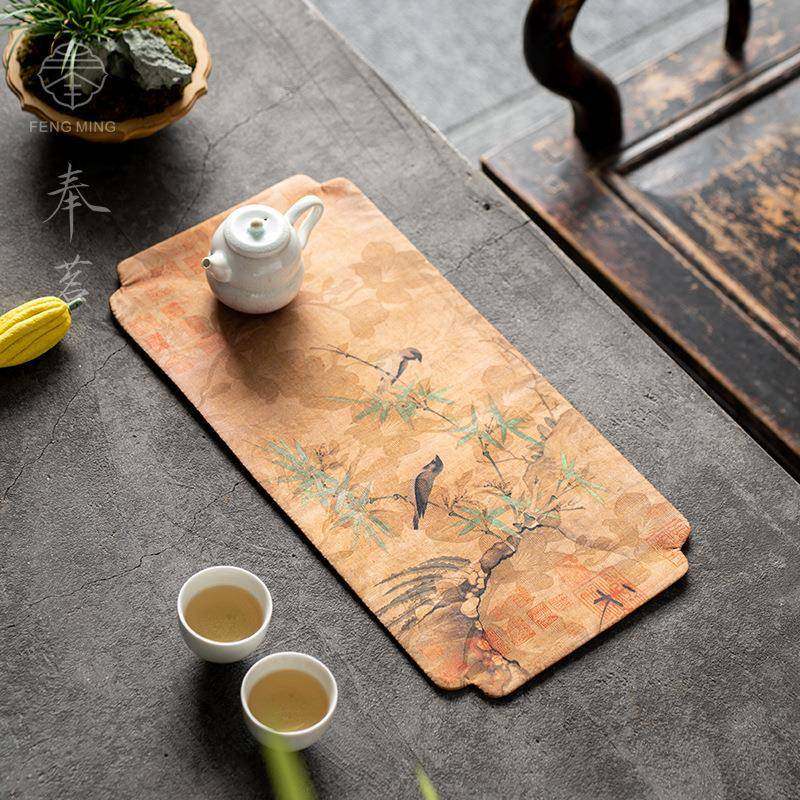 艺席香云纱鸟语花香海棠防水茶中F77J9T8H?式布茶道零配零配件桌