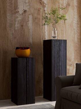 方家形碳化木墩底子AL100283黑色立柱家风具矮凳用花架实木座摆件