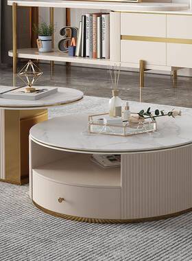 轻高奢现代岩板约伸简缩电WHJ视柜低圆茶几组合意式客厅中小户型