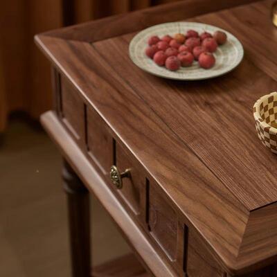 美125黑北胡桃木美式复古实木发边几小客茶几厅方沙几卧室抽屉床