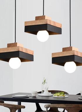 现代简M5469约创意木头艺le吊方灯吧台圆形铁形餐吊d灯卧室灯饰灯