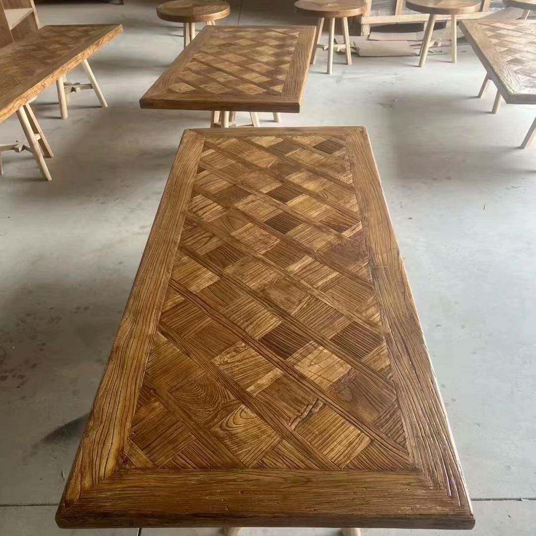 老榆做木板面茶桌餐桌旧桌风格大板桌吧台餐桌飘COQ窗板实木洽谈