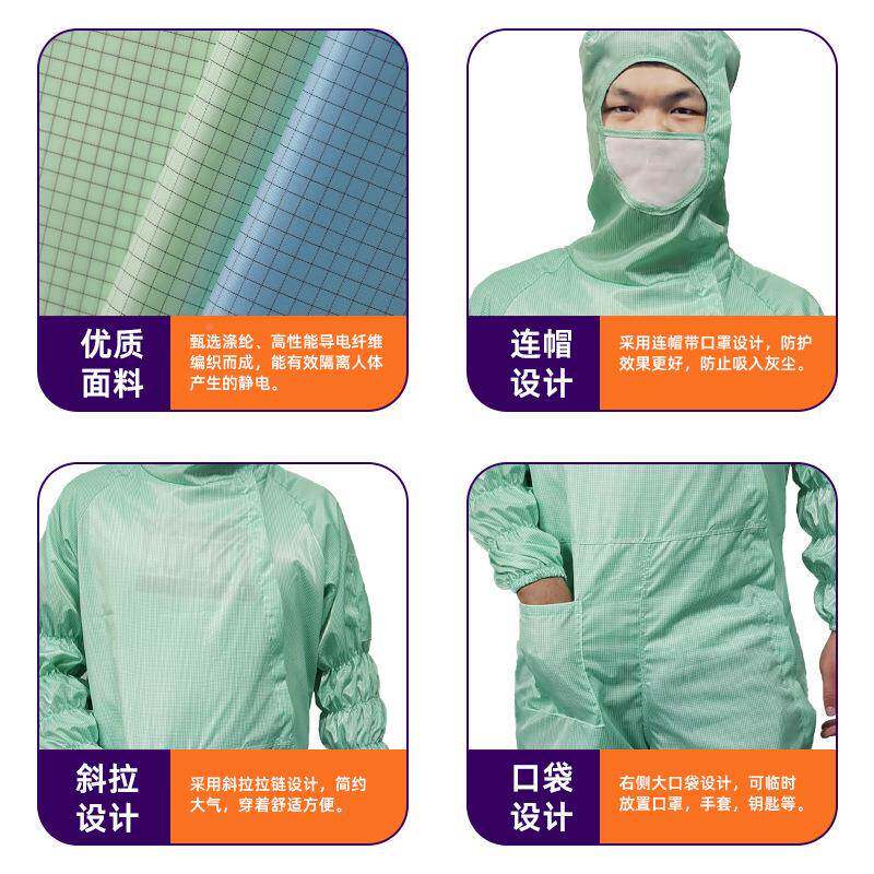 高等级防静电工作无服连体斜拉连帽网格尘间连网格带口体车服百级