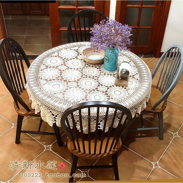 V花R手工KGO钩针钩美式中P式餐桌布怀1旧纯棉编织台布圆形白