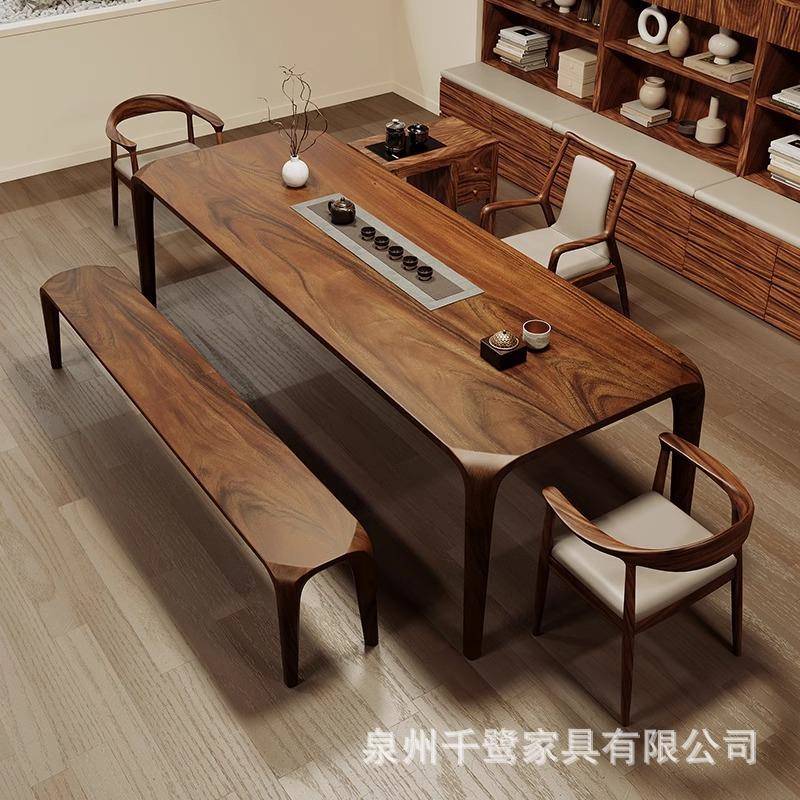 胡桃木卯实榫全木茶桌椅组合约现代客家用茶台WND办简公阳台茶厅