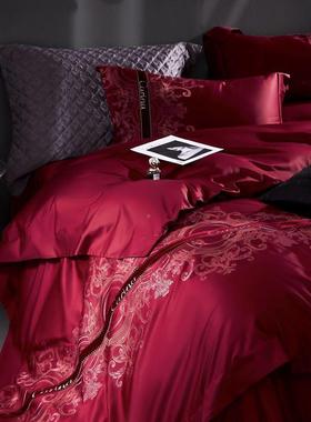 新款高端时尚1支棉00全棉四件套纯棉轻床奢刺绣长绒婚庆四件simpl