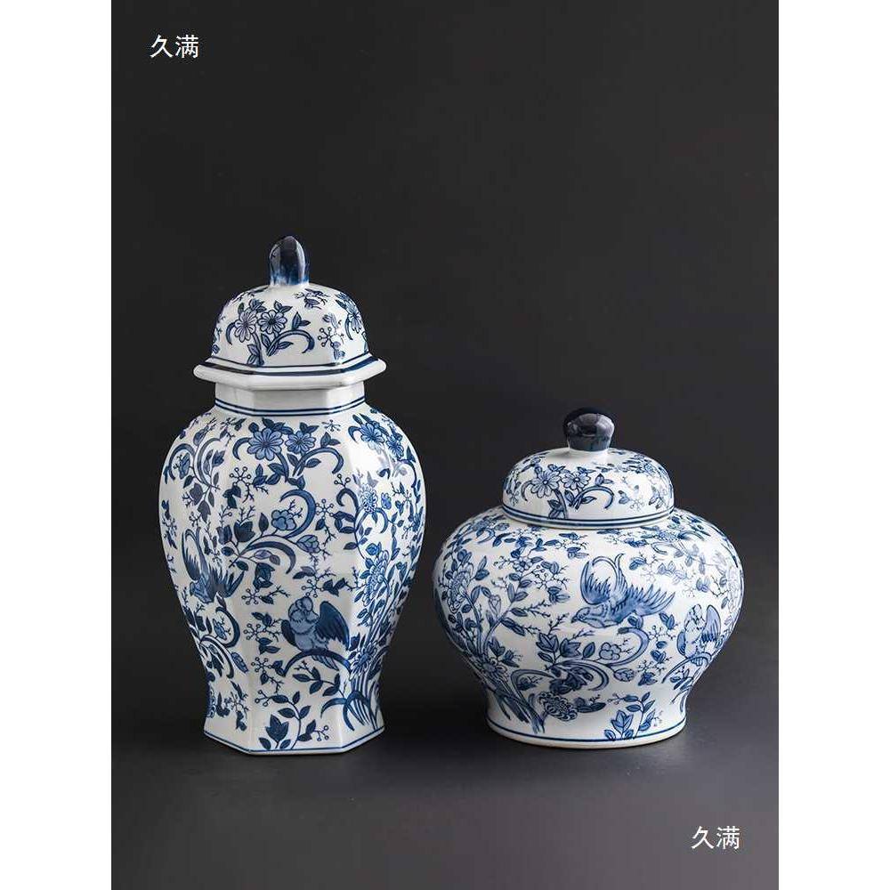 青花瓷tj#lznfg花瓶釉彩手绘陶瓷摆客件新中下式博古架装饰品冬厅