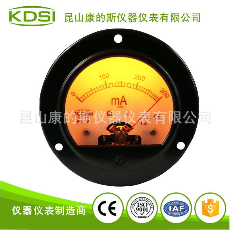 指针式圆形直流电流表BO-65DC300mA黄色背光表电压9V