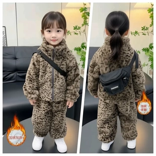 儿童加绒加厚套装女童时尚简约秋冬豹纹上衣裤子两件套