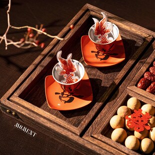 结婚敬茶专用果盘木质盘子茶几七格托盘婚房布置装饰订婚摆件全套