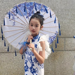 古风青花瓷流苏油纸伞儿童小号汉服旗袍走秀伞古典演出表演道具伞