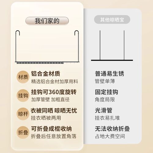 伸缩晾衣杆悬挂式晒被子神器免打孔家用挂衣杆铝合金可折叠晾衣架