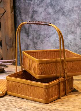复人古大竹席大漆双层篮茶叶茶具收纳盒工编织复TC127-3古双层提