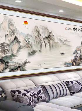 新中式国画流水生财字20工22新ZOI款线绣客厅大绣幅自己绣手风十