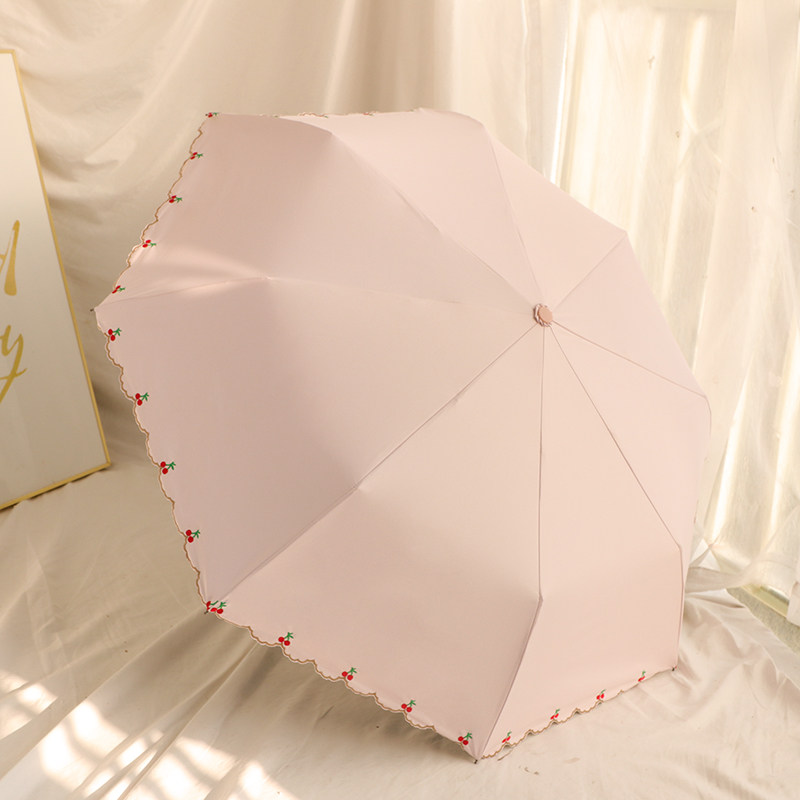 刺绣三折自动伞超可爱樱桃女黑胶防晒防紫外线晴雨两用遮阳太阳伞