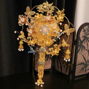 新款diy重工出嫁团扇新娘结婚材料包高级手捧花手工秀禾喜扇金色