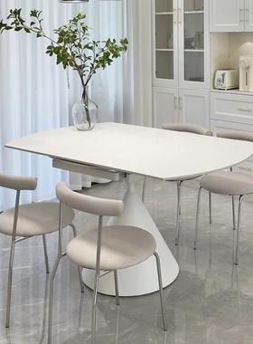 现代015305简约奶油风纯白色岩板叠功圆能餐桌款折旋转伸缩方新变