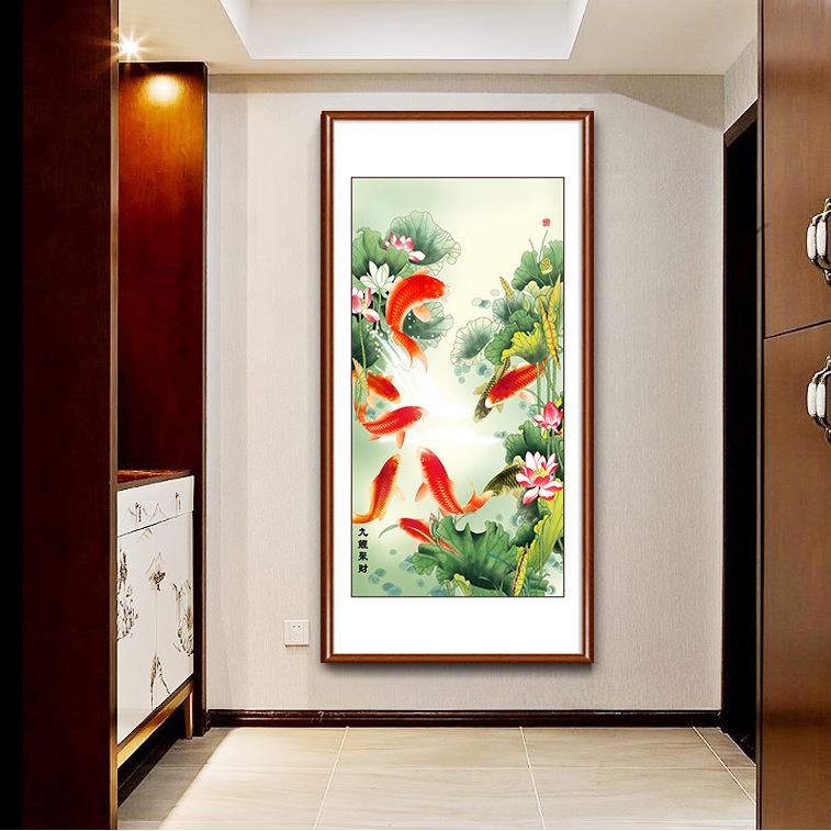 九鱼图玄装画NPS入过户招财走关廊道尽头饰壁画中式实木框横竖版