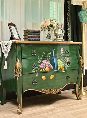 瑞诗欧美式彩绘手绘实木水漆玄性关边柜客厅隔OXA断装复古饰绿沙
