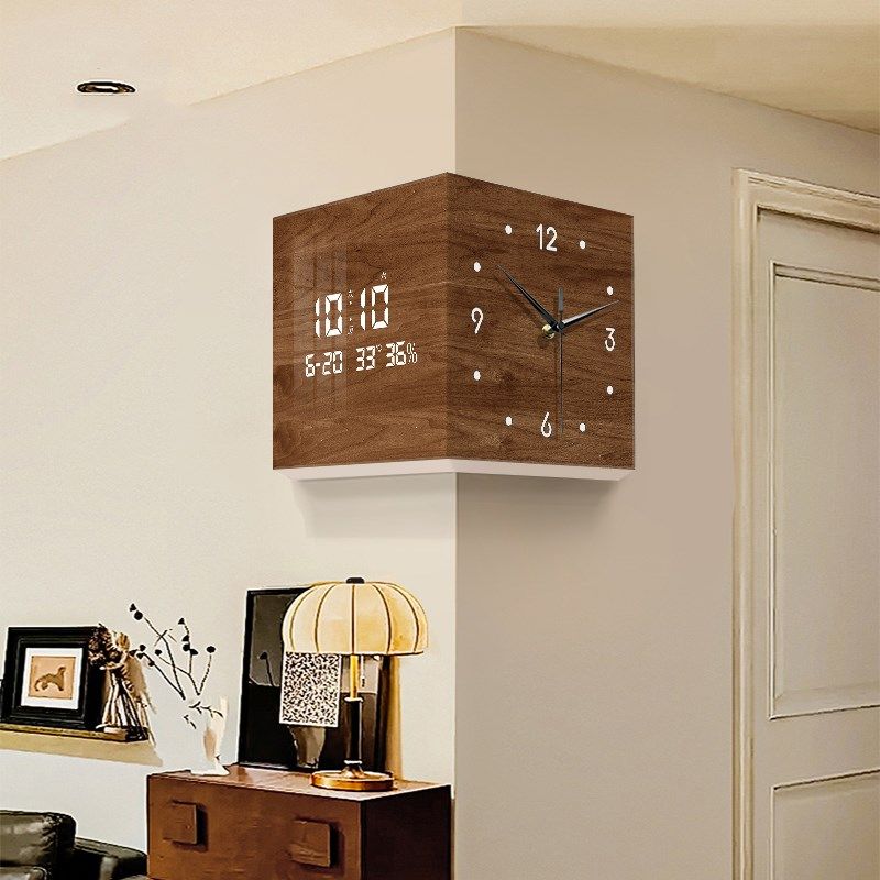 中古风客厅转角时钟万年历2024新款电子钟双面挂钟拐角壁灯钟表,家居饰品,挂钟,淘宝优惠券,粉丝福利购,淘宝优惠卷