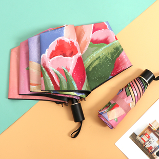 雨伞女小巧便携复古油画花五折叠晴雨两用遮阳防晒防紫外线太阳伞