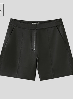 Marc O'Polo/MOP高腰休闲直筒裤短裤显瘦女士黑色绵羊皮商场同款