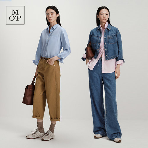 MOP刺绣logo纯棉纯色长袖衬衫女
