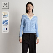 新款 Polo Marc MOP 25冬季 海军领保暖绞花拼色翻领毛织套头衫 女