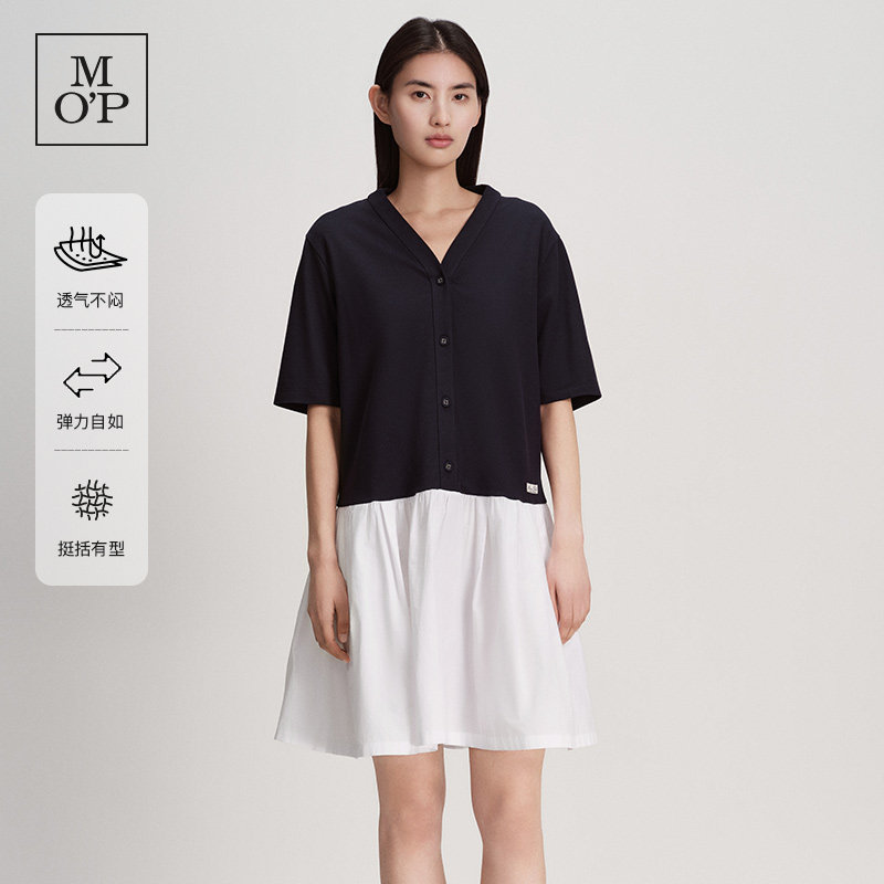 MOP拼接V领半袖连衣裙女