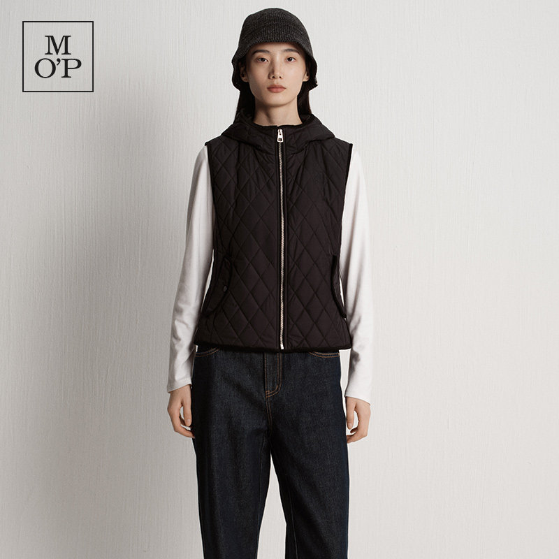 Marc O'Polo/MOP25冬季新款经典菱格绗棉连帽修身灯芯绒拼接马甲