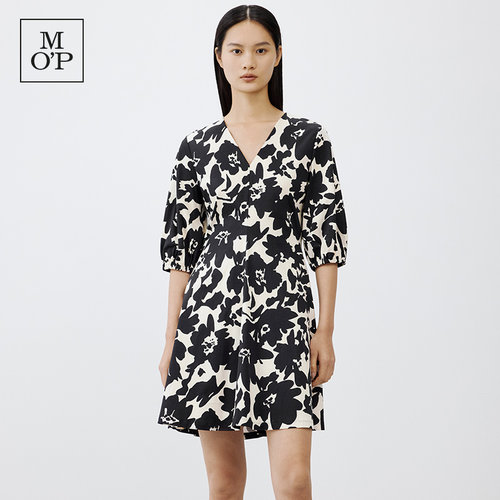 Marc O'Polo/MOP 夏季新款好看纯棉V领花苞袖印花时尚连衣裙女士