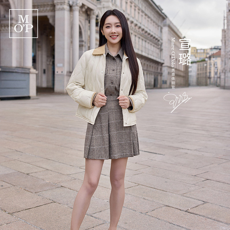 Marc O'Polo/MOP冬季新款好看宽松高腰绵羊毛卡其格子百褶半裙女